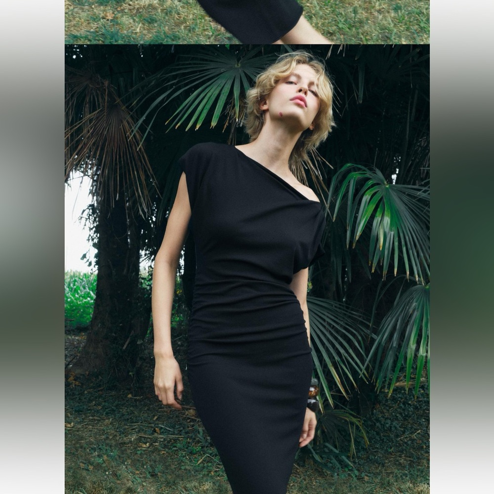 ZARA draped fitted dress in black, large. Dress falls off one shoulder. NWT